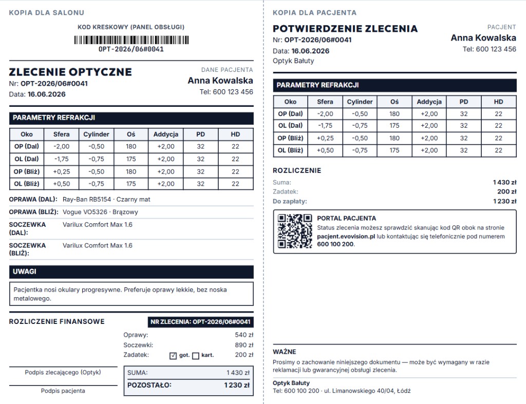 Przykładowy wydruk zlecenia optycznego A4 — kopia dla salonu i kopia dla pacjenta z parametrami refrakcji, rozliczeniem finansowym, kodem kreskowym i kodem QR do portalu pacjenta